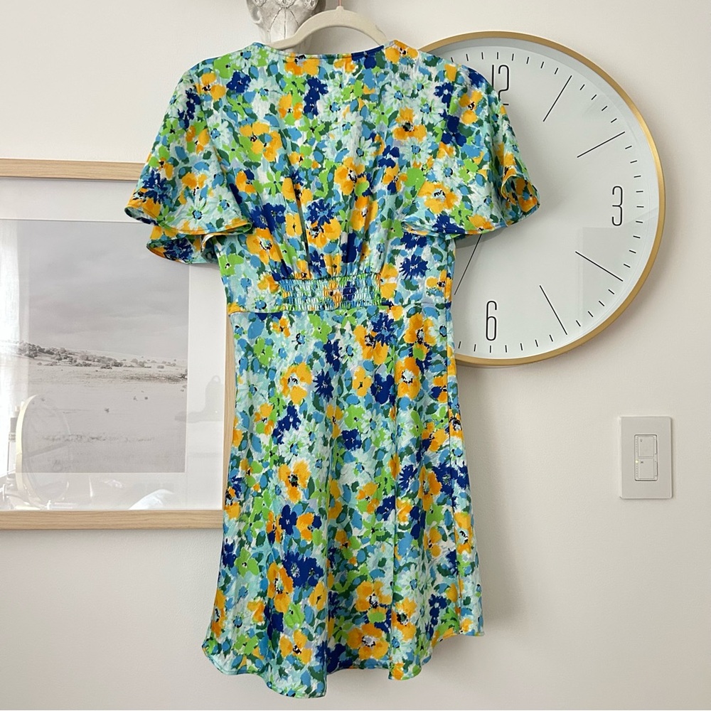 Stradivarius Blue Green Floral Mini Dress XS V-Neck Flutter Sleeve Summer - Picture 6 of 6